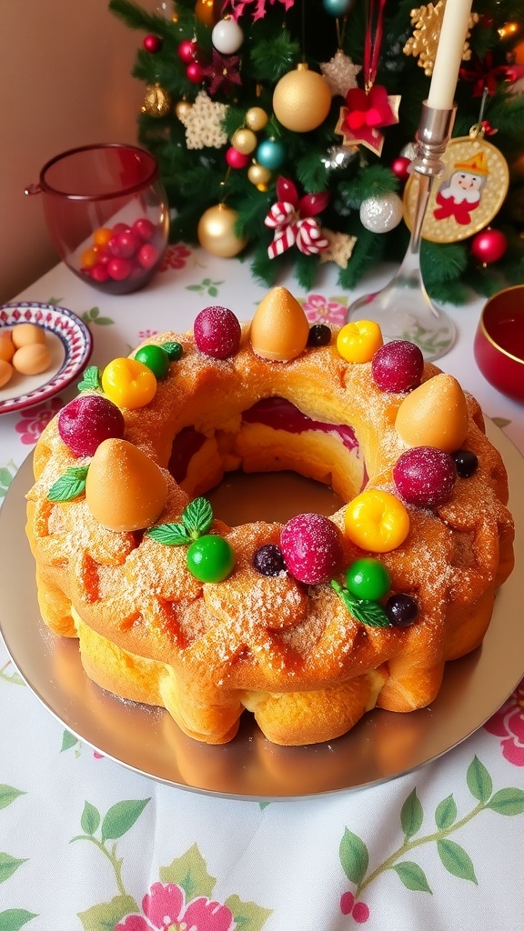 A colorful Three Kings Cake decorated with candied fruits, on a festive table.